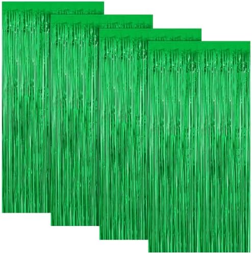 4 Pack Green Foil Fringe Curtains, Christmas Decorations Birthday Backdrop in Green