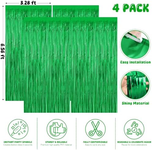 4 Pack Green Foil Fringe Curtains, Christmas Decorations Birthday Backdrop in Green, alternate view 2