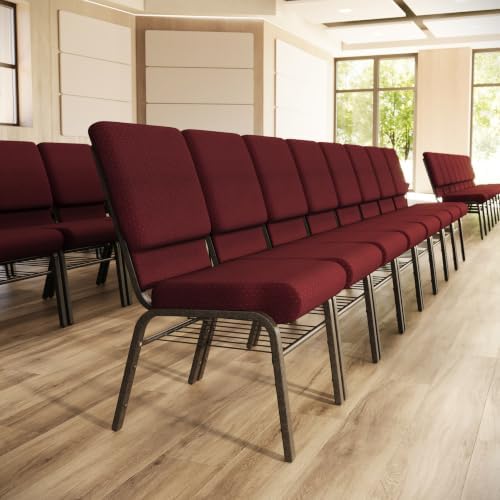 4 Pack HERCULES Series 18.5''W Church Chair in Burgundy Patterned Fabric with Book Rack - Gold Vein Frame, alternate view 2