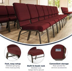 4 Pack HERCULES Series 18.5''W Church Chair in Burgundy Patterned Fabric with Book Rack - Gold Vein Frame, alternate view 4