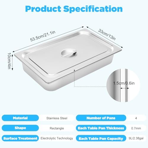 4 Pack Hotel Pans 4" Deep Steam Table Pan Full Size with Lid 20" L x 12" W Stainless Steel Hotel Pan for Food, alternate view