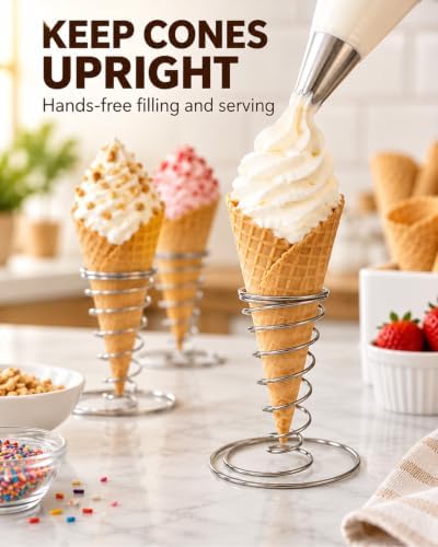 4 Pack Ice Cream Cone Holders, Stainless Steel Spiral Waffle Display Stands with Round Base for Sugar Cones, alternate view 2