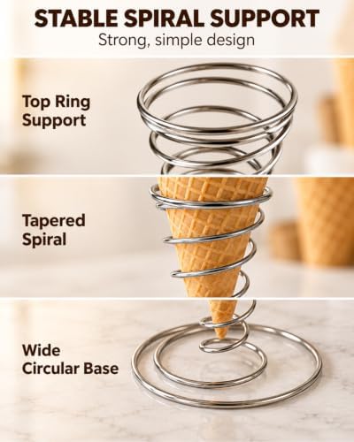 4 Pack Ice Cream Cone Holders, Stainless Steel Spiral Waffle Display Stands with Round Base for Sugar Cones, alternate view 4