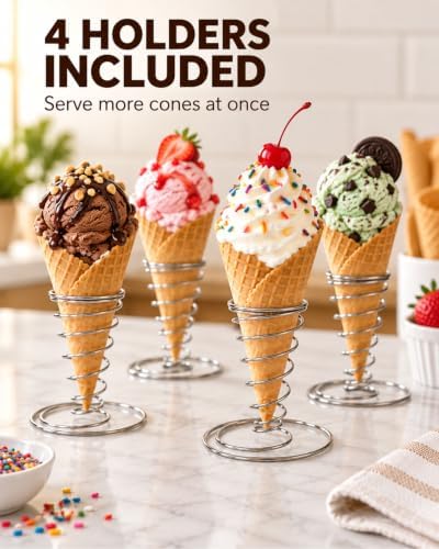 4 Pack Ice Cream Cone Holders, Stainless Steel Spiral Waffle Display Stands with Round Base for Sugar Cones, alternate view 6