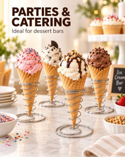 4 Pack Ice Cream Cone Holders, Stainless Steel Spiral Waffle Display Stands with Round Base for Sugar Cones, alternate view 7
