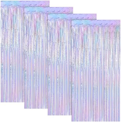 4 Pack Iridescent Blue Fringe Backdrop Curtain for Wedding Birthday Party in 3.28 x 6.56 FT in IridescentBlue