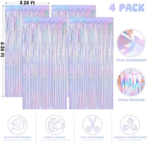4 Pack Iridescent Blue Fringe Backdrop Curtain for Wedding Birthday Party in 3.28 x 6.56 FT in IridescentBlue, alternate view