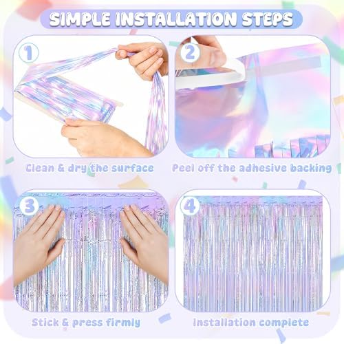 4 Pack Iridescent Blue Fringe Backdrop Curtain for Wedding Birthday Party in 3.28 x 6.56 FT in IridescentBlue, alternate view