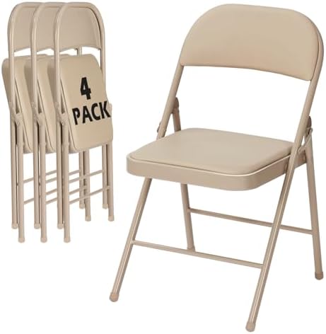 4 Pack Khaki Padded Folding Chairs with Metal Frame