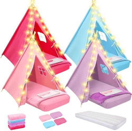 4 Pack Kids Sleepover Teepee Tent Set Air Mattresses, Colorful
