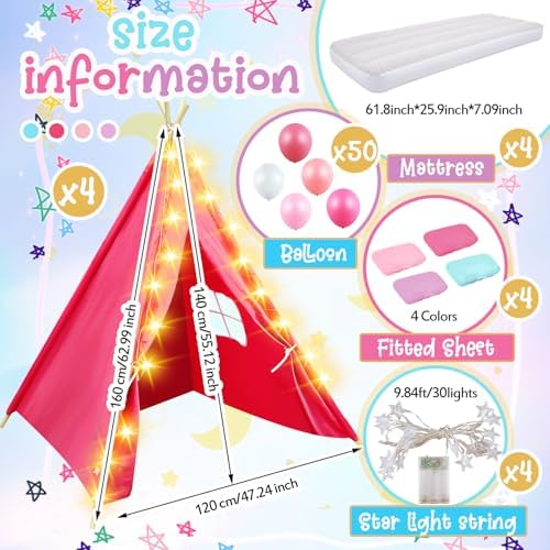 4 Pack Kids Sleepover Teepee Tent Set Air Mattresses, Colorful, alternate view 3