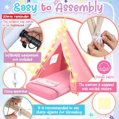 4 Pack Kids Sleepover Teepee Tent Set Air Mattresses, Colorful, alternate view 5