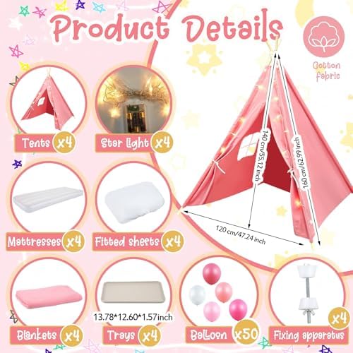 4 Pack Kids Sleepover Teepee Tent Set Air Mattresses, Pink in Pink, alternate view 3
