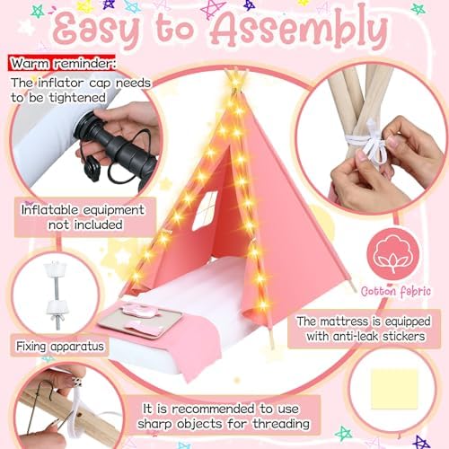 4 Pack Kids Sleepover Teepee Tent Set Air Mattresses, Pink in Pink, alternate view 4