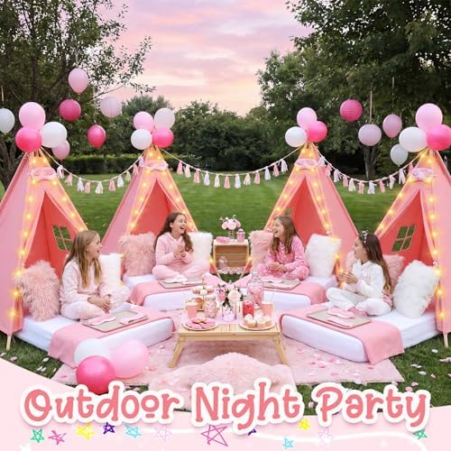 4 Pack Kids Sleepover Teepee Tent Set Air Mattresses, Pink in Pink, alternate view 6