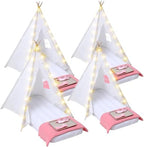 4 Pack Kids Sleepover Teepee Tent Set Air Mattresses, White in White