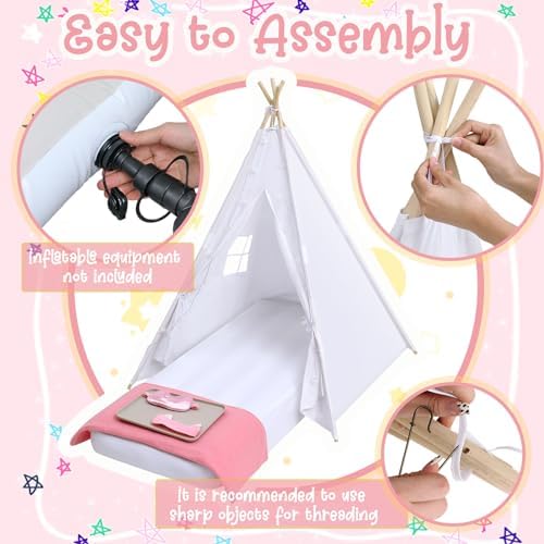 4 Pack Kids Sleepover Teepee Tent Set Air Mattresses, White in White, alternate view 5