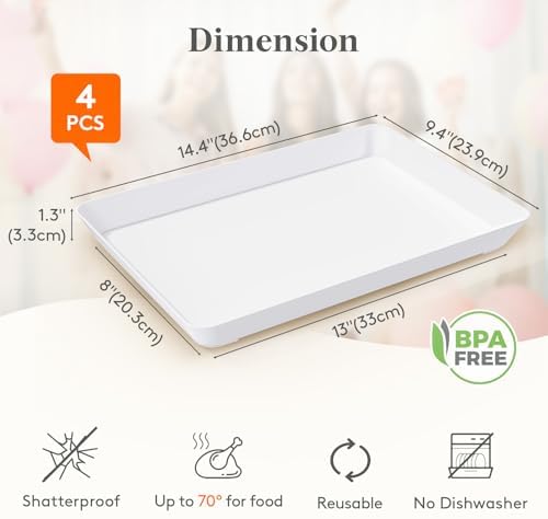 4-Pack Large Serving Tray, 14.5 x 9.5 Plastic Food Serving Platter in White, alternate view 3