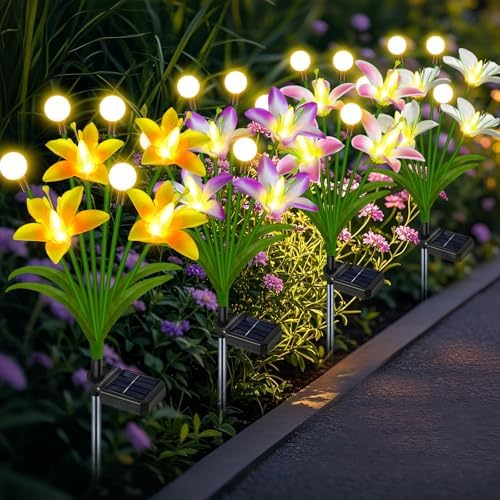 4 Pack Lily Flower Solar Garden Lights, Waterproof Solar Lights for Yard, alternate view 4
