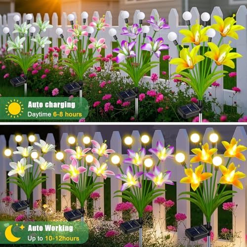 4 Pack Lily Flower Solar Garden Lights, Waterproof Solar Lights for Yard, alternate view 5