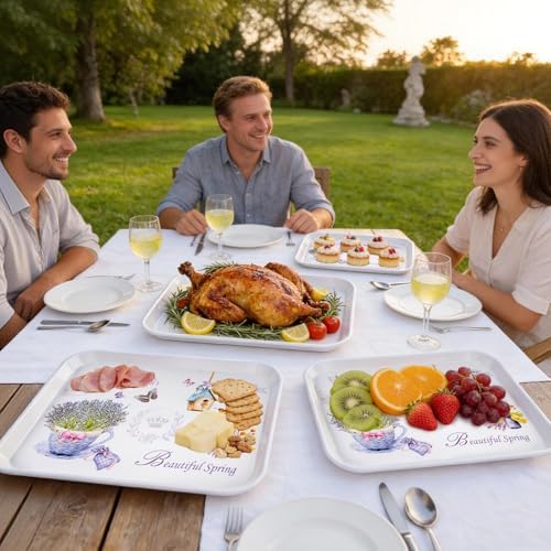 4-Pack Melamine Serving Trays Rectangle Floral Platter, Lavender in Lavender, alternate view 2