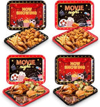 4 Pack Movie Night Melamine Serving Trays, 13 x 10 Inch Rectangular Cinema Snack Platters with Popcorn & Film