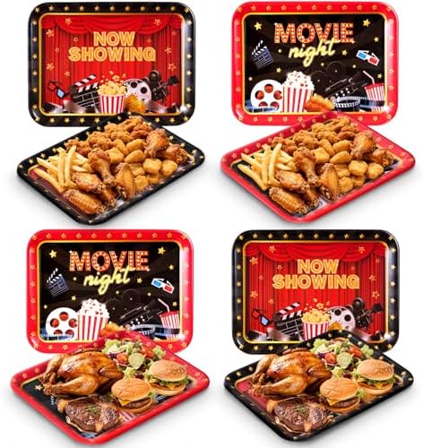 4 Pack Movie Night Melamine Serving Trays, 13 x 10 Inch Rectangular Cinema Snack Platters with Popcorn & Film