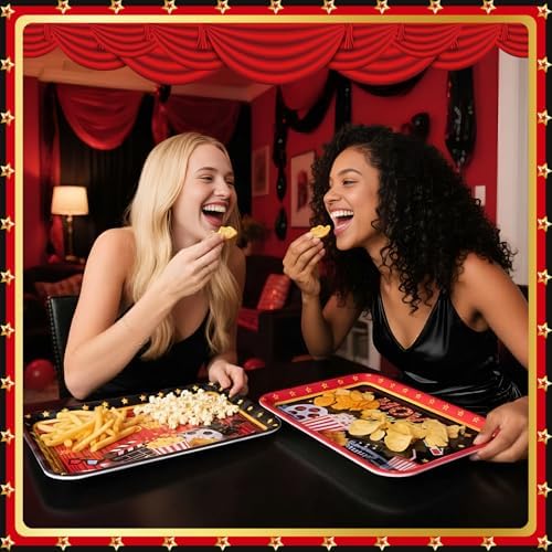 4 Pack Movie Night Melamine Serving Trays, 13 x 10 Inch Rectangular Cinema Snack Platters with Popcorn & Film, alternate view