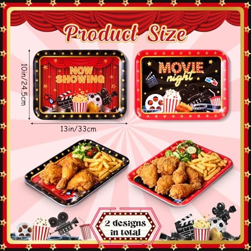 4 Pack Movie Night Melamine Serving Trays, 13 x 10 Inch Rectangular Cinema Snack Platters with Popcorn & Film, alternate view