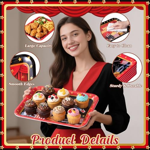 4 Pack Movie Night Melamine Serving Trays, 13 x 10 Inch Rectangular Cinema Snack Platters with Popcorn & Film, alternate view