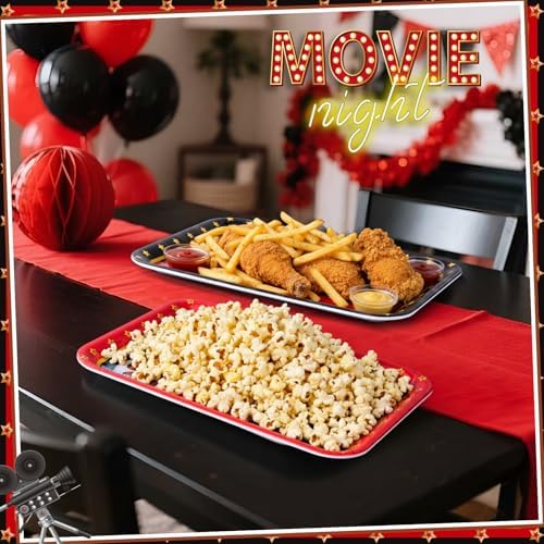 4 Pack Movie Night Melamine Serving Trays, 13 x 10 Inch Rectangular Cinema Snack Platters with Popcorn & Film, alternate view