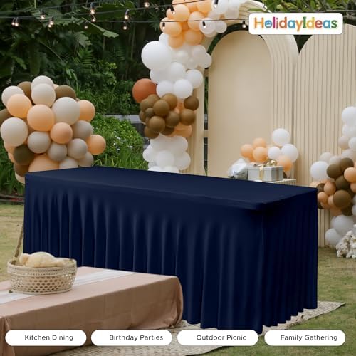 4 Pack Navy Spandex Table Covers 4ft Rectangle Ruffle Skirts for Party, alternate view 6