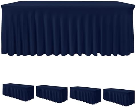 4 Pack Navy Spandex Table Covers 6ft Rectangle Ruffle Skirts for Party in 30x72 Inch| 4 Pack in Navy