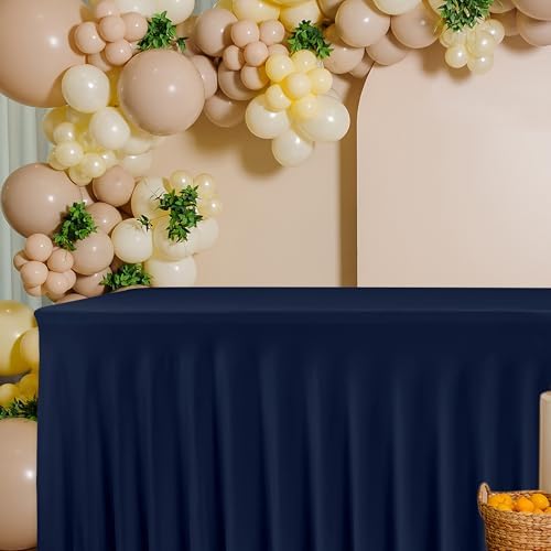 4 Pack Navy Spandex Table Covers 6ft Rectangle Ruffle Skirts for Party in 30x72 Inch| 4 Pack in Navy, alternate view 4