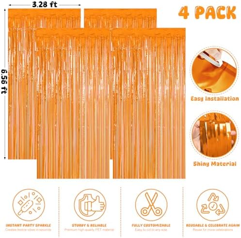 4 Pack Orange Foil Fringe Curtain, Thanksgiving Birthday Party Decorations in Orange, alternate view 2