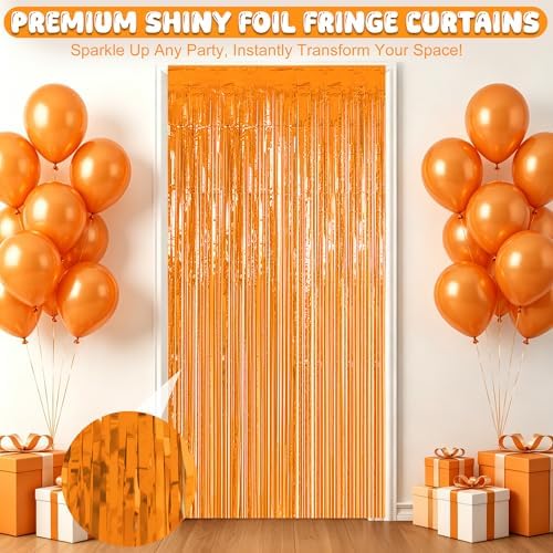 4 Pack Orange Foil Fringe Curtain, Thanksgiving Birthday Party Decorations in Orange, alternate view 3