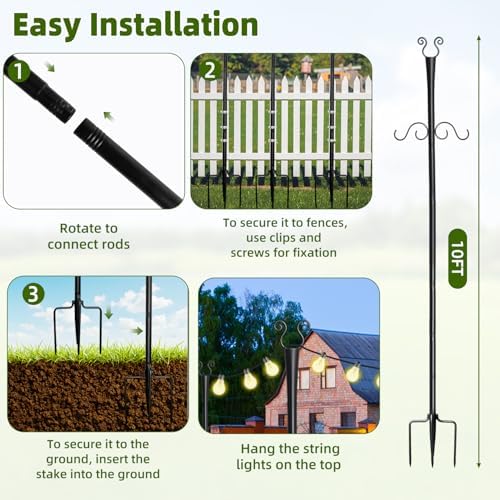 4 Pack Outdoor Patio Light Poles for String Lights, 10Ft Heavy Duty Metal String Light Poles with Shepherds, alternate view 6