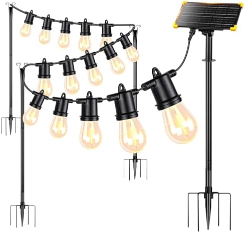 4 Pack Outdoor String Light Poles with Solar Panel & 590 Inch LED String Lights, Heavy Duty Metal Light Pole for