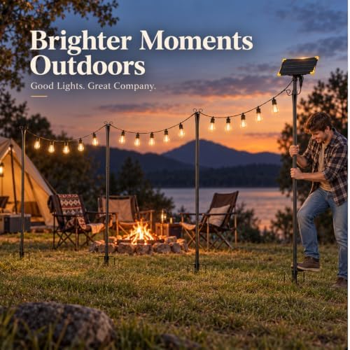 4 Pack Outdoor String Light Poles with Solar Panel & 590 Inch LED String Lights, Heavy Duty Metal Light Pole for, alternate