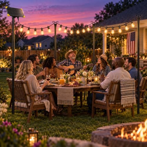 4 Pack Outdoor String Light Poles with Solar Panel & 590 Inch LED String Lights, Heavy Duty Metal Light Pole for, alternate
