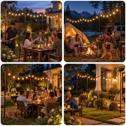 4 Pack Outdoor String Light Poles with Solar Panel & 590 Inch LED String Lights, Heavy Duty Metal Light Pole for, alternate