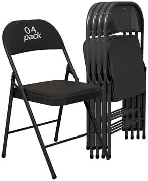 4 Pack Padded Folding Chairs, PU Leather Seat, 350 lb, Black in Black