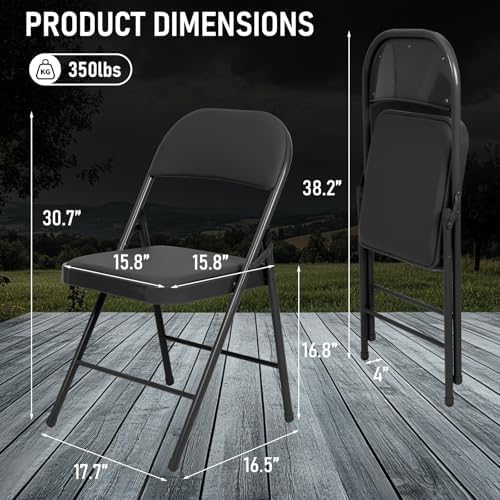 4 Pack Padded Folding Chairs, PU Leather Seat, 350 lb, Black in Black, alternate view 2