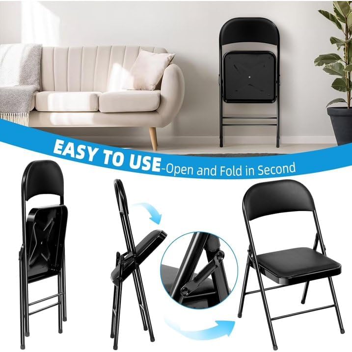 4 Pack Padded Folding Chairs, PU Leather Seat, 350 lb, Black in Black, alternate view 4