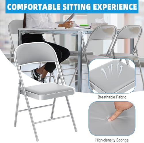 4 Pack Padded Folding Chairs, PU Leather Seat, 350 lb, Grey in Grey, alternate view 6