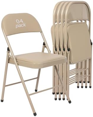 4 Pack Padded Folding Chairs, PU Leather Seat, 350 lb, Khaki in Khaki