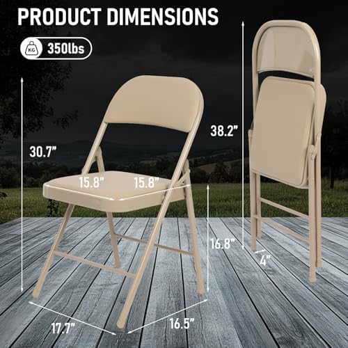4 Pack Padded Folding Chairs, PU Leather Seat, 350 lb, Khaki in Khaki, alternate view 2