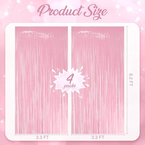 4 Pack Pastel Light Pink Fringe Backdrop, 3.2x8.2ft Shining Foil Tinsel Curtains, Birthday Party Decorations, alternate view