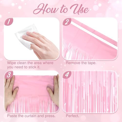4 Pack Pastel Light Pink Fringe Backdrop, 3.2x8.2ft Shining Foil Tinsel Curtains, Birthday Party Decorations, alternate view