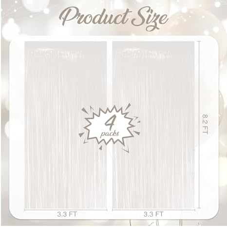 4 Pack Pastel White Fringe Backdrop, 3.2x8.2ft Shining Foil Tinsel Curtains, Birthday Party Decorations Door, alternate view